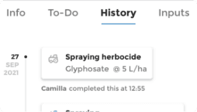 Screenshot of field history reporting in the fieldmargin mobile app